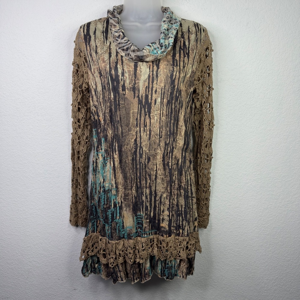 Christine Phillipe Dress Womens M Brown Abstract Crochet‎ Boho Whimsigoth Artsy